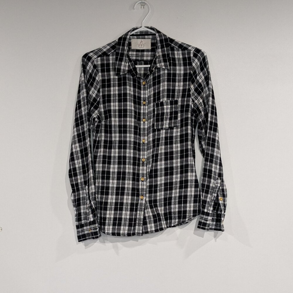 *3/$10* Atmosphere Plaid Flannel Shirt with Gold Buttons Black White Size 6